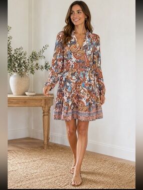 Soft Surroundings Tan Blue Paisley Print Cotton/Viscose Tassel Boho Dress NWOT L